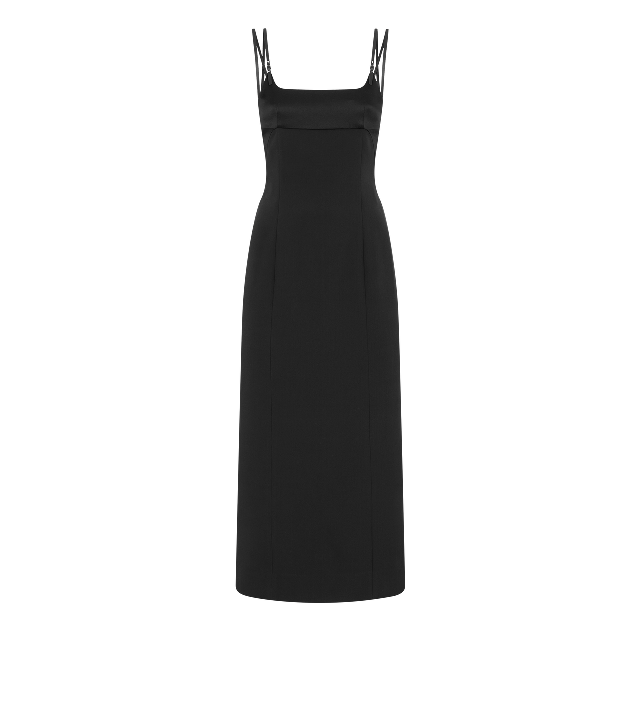 TOM FORD SILK WOOL BLEND BLACK PENCIL DRESS WITH LEATHER STRAPS