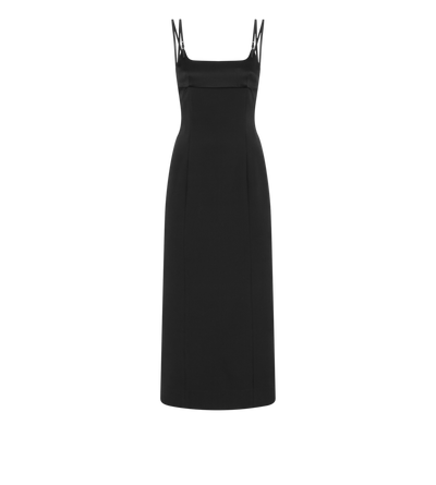 TOM FORD SILK WOOL BLEND BLACK PENCIL DRESS WITH LEATHER STRAPS