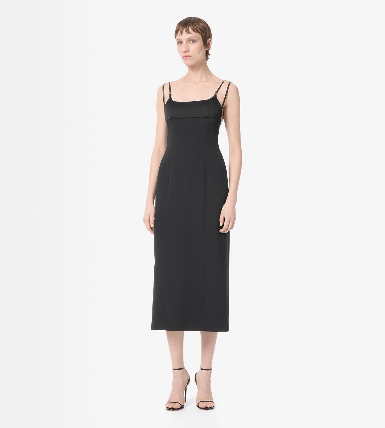 TOM FORD SILK WOOL BLEND BLACK PENCIL DRESS WITH LEATHER STRAPS