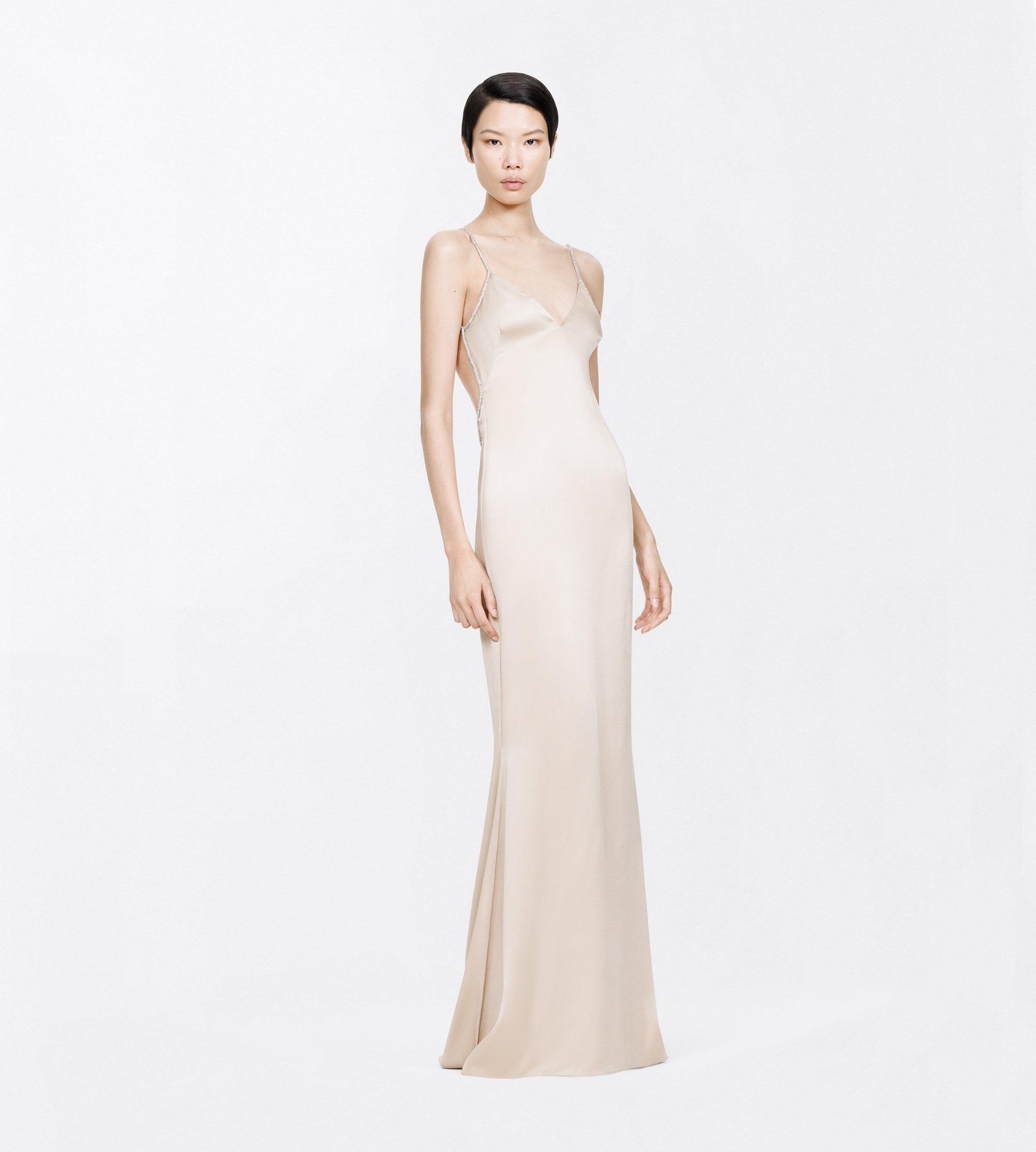 CRYSTAL CHAIN EMBROIDERY SATIN SLEEVELESS EVENING DRESS WITH OPEN BACK