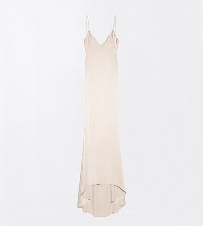 TOM FORD SATIN BEIGE + CRYSTRAL CRYSTAL CHAIN EMBROIDERY SATIN SLEEVELESS EVENING DRESS WITH OPEN BACK