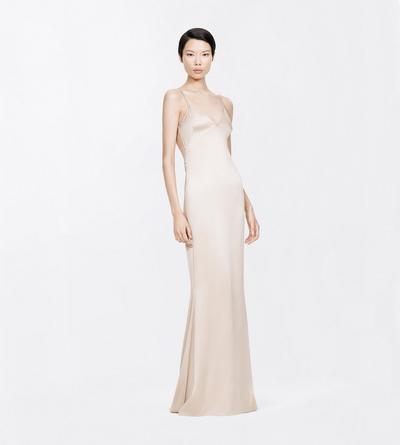 TOM FORD SATIN BEIGE + CRYSTRAL CRYSTAL CHAIN EMBROIDERY SATIN SLEEVELESS EVENING DRESS WITH OPEN BACK