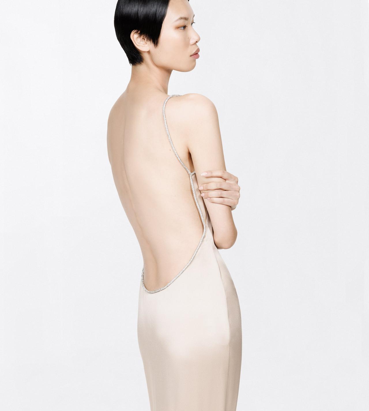 TOM FORD SATIN BEIGE + CRYSTRAL CRYSTAL CHAIN EMBROIDERY SATIN SLEEVELESS EVENING DRESS WITH OPEN BACK