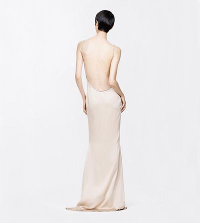 TOM FORD SATIN BEIGE + CRYSTRAL CRYSTAL CHAIN EMBROIDERY SATIN SLEEVELESS EVENING DRESS WITH OPEN BACK