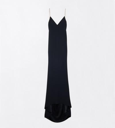 TOM FORD VISCOSE BLEND BLACK + CRYSTAL CRYSTAL CHAIN EMBROIDERY SATIN SLEEVELESS EVENING DRESS WITH OPEN BACK