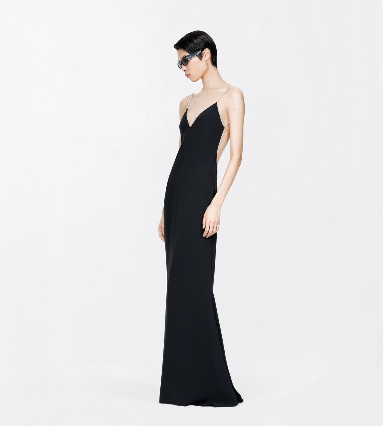 TOM FORD VISCOSE BLEND BLACK + CRYSTAL CRYSTAL CHAIN EMBROIDERY SATIN SLEEVELESS EVENING DRESS WITH OPEN BACK