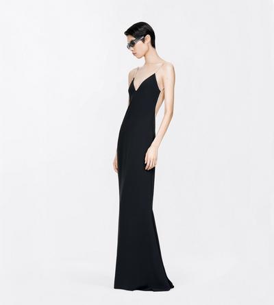 TOM FORD VISCOSE BLEND BLACK + CRYSTAL CRYSTAL CHAIN EMBROIDERY SATIN SLEEVELESS EVENING DRESS WITH OPEN BACK