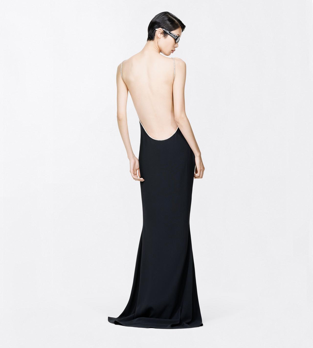 TOM FORD VISCOSE BLEND BLACK + CRYSTAL CRYSTAL CHAIN EMBROIDERY SATIN SLEEVELESS EVENING DRESS WITH OPEN BACK