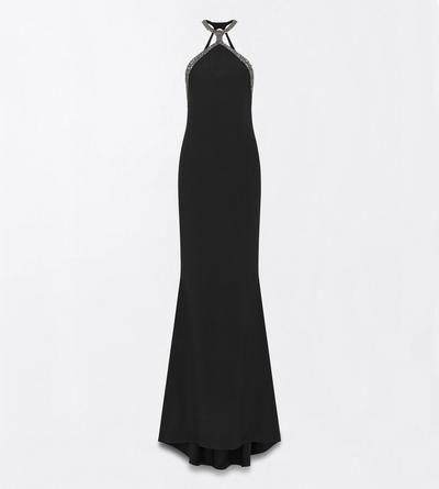 TOM FORD EMBROIDERY BLACK GLASS BEADS EMBROIDERY HALTERNECK EVENING DRESS
