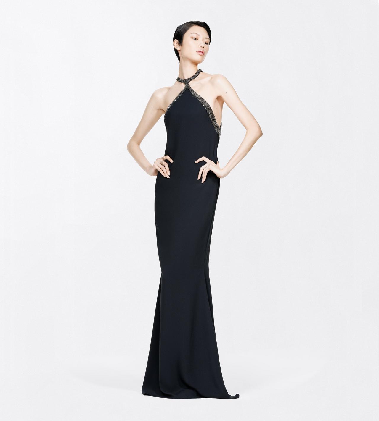 TOM FORD EMBROIDERY BLACK GLASS BEADS EMBROIDERY HALTERNECK EVENING DRESS