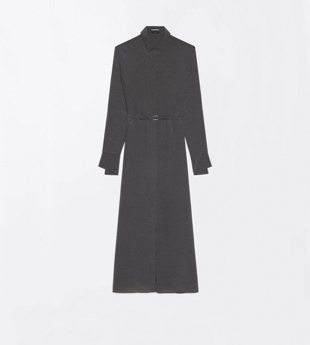 TOM FORD SILK BLACK+OFF WHITE PRINTED MICRO POLKA DOT SILK CREPE DE CHINE BELTED SHIRT DRESS