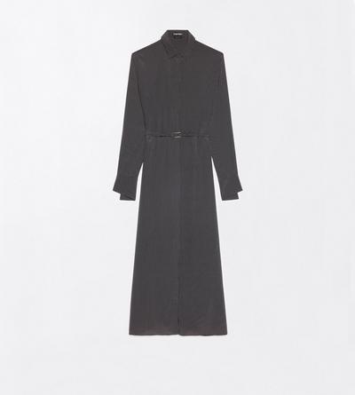 TOM FORD SILK BLACK+OFF WHITE PRINTED MICRO POLKA DOT SILK CREPE DE CHINE BELTED SHIRT DRESS