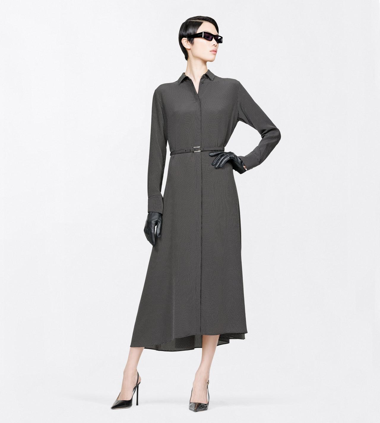 TOM FORD SILK BLACK+OFF WHITE PRINTED MICRO POLKA DOT SILK CREPE DE CHINE BELTED SHIRT DRESS