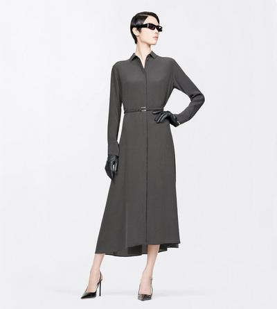 TOM FORD SILK BLACK+OFF WHITE PRINTED MICRO POLKA DOT SILK CREPE DE CHINE BELTED SHIRT DRESS