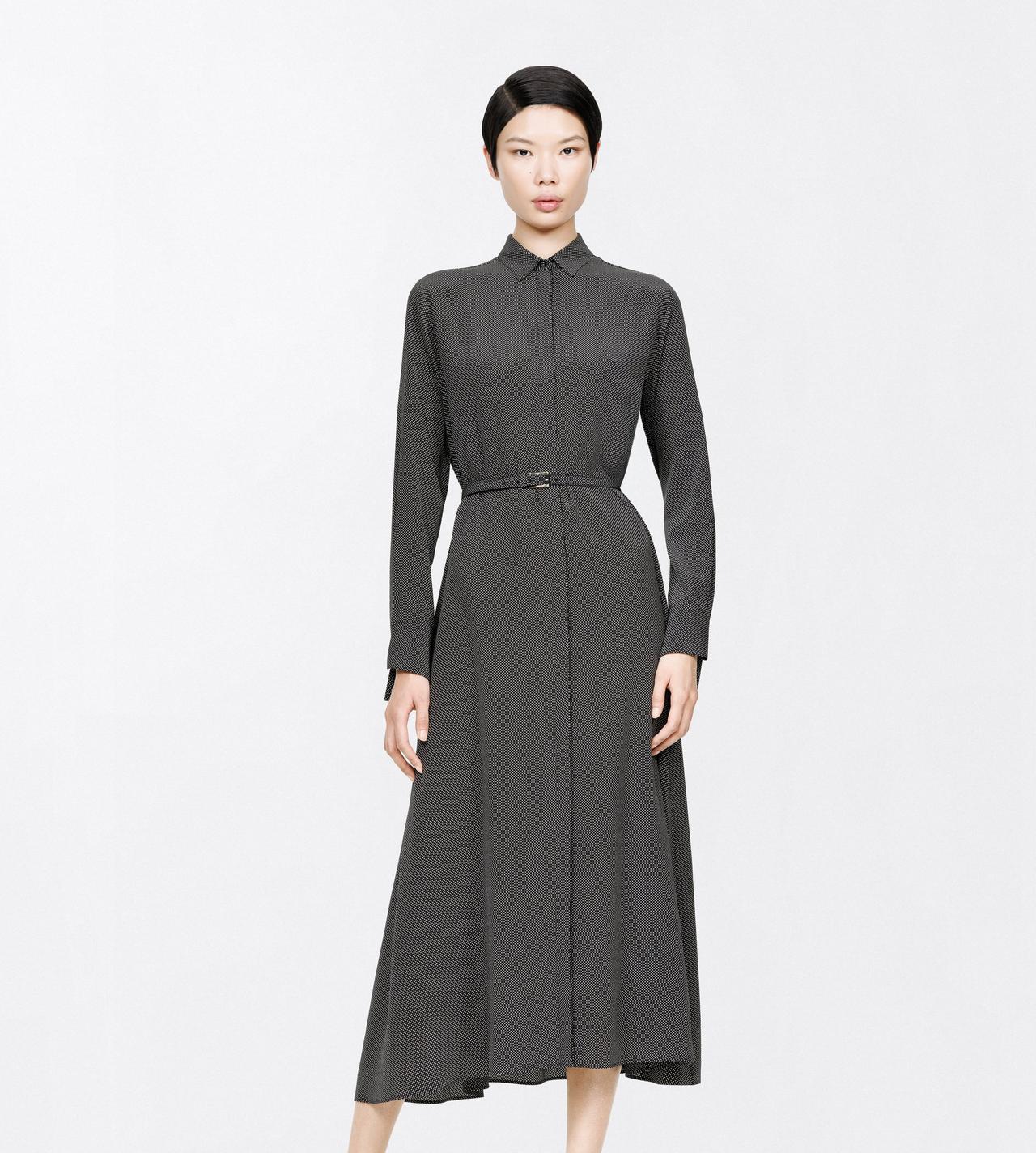 TOM FORD SILK BLACK+OFF WHITE PRINTED MICRO POLKA DOT SILK CREPE DE CHINE BELTED SHIRT DRESS