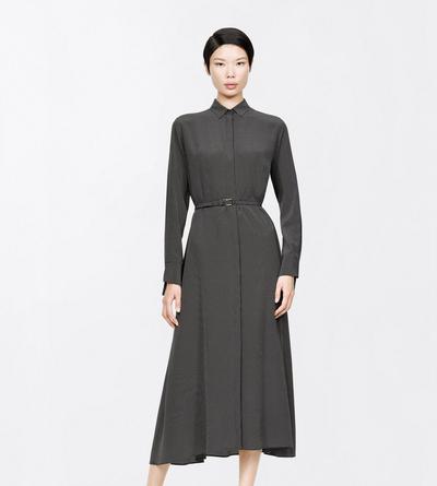 TOM FORD SILK BLACK+OFF WHITE PRINTED MICRO POLKA DOT SILK CREPE DE CHINE BELTED SHIRT DRESS