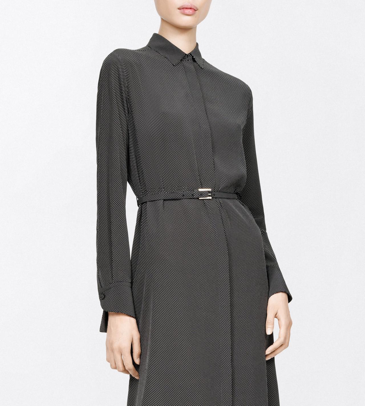 TOM FORD SILK BLACK+OFF WHITE PRINTED MICRO POLKA DOT SILK CREPE DE CHINE BELTED SHIRT DRESS