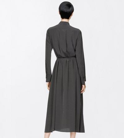 TOM FORD SILK BLACK+OFF WHITE PRINTED MICRO POLKA DOT SILK CREPE DE CHINE BELTED SHIRT DRESS