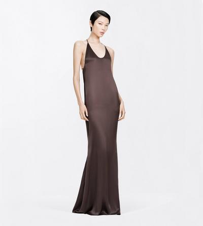 TOM FORD SILK ESPRESSO PEACH-FEEL SILK SATIN HALTERNECK EVENING DRESS