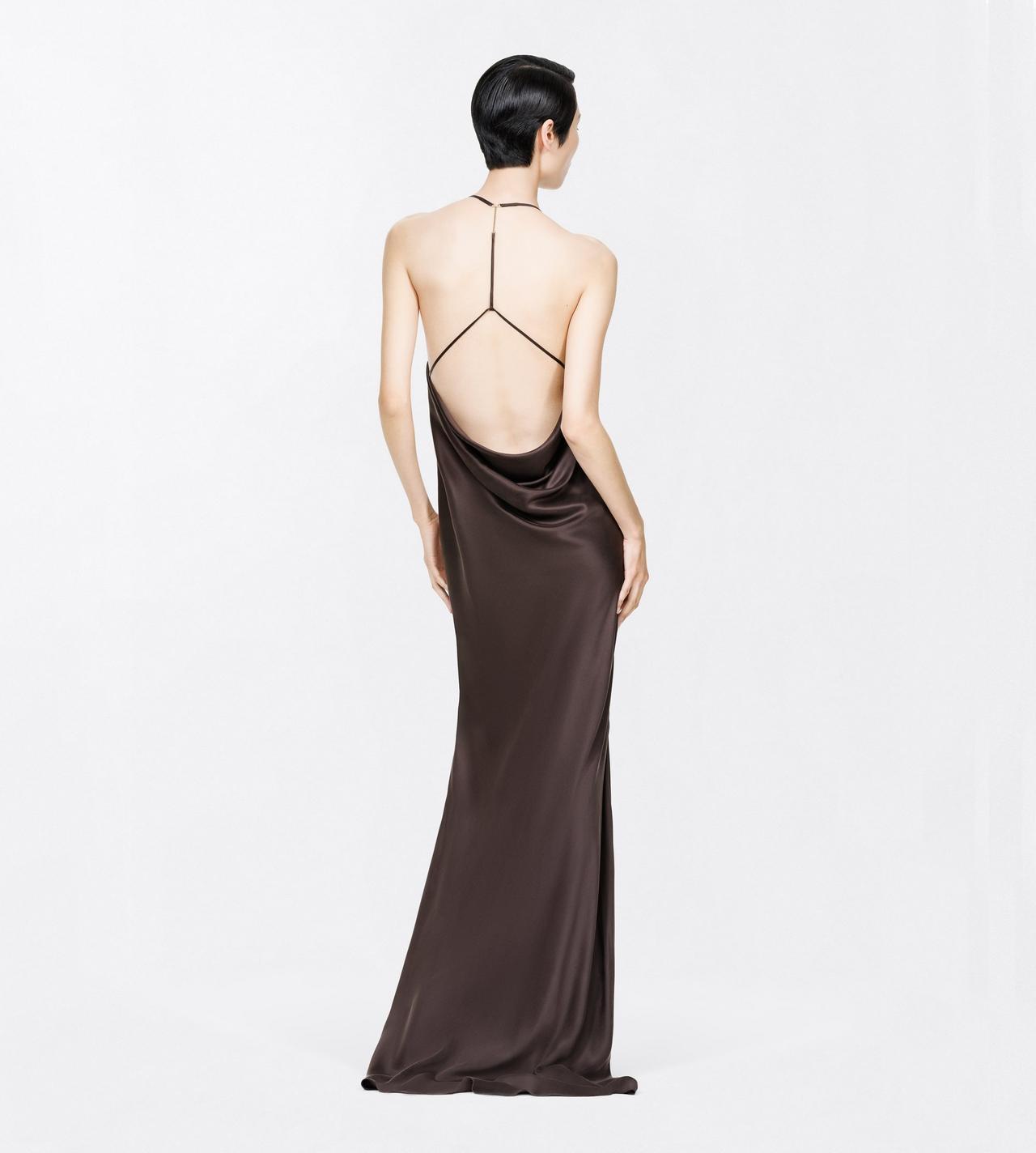 TOM FORD SILK ESPRESSO PEACH-FEEL SILK SATIN HALTERNECK EVENING DRESS