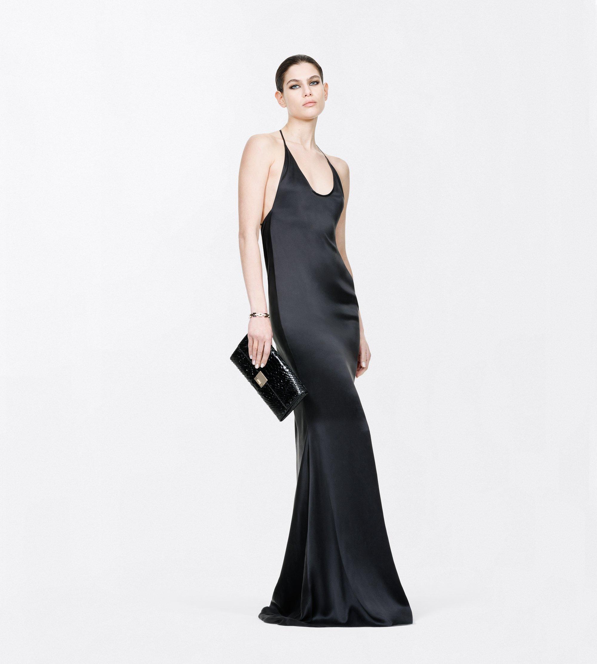 PEACH-FEEL SILK SATIN HALTERNECK EVENING DRESS