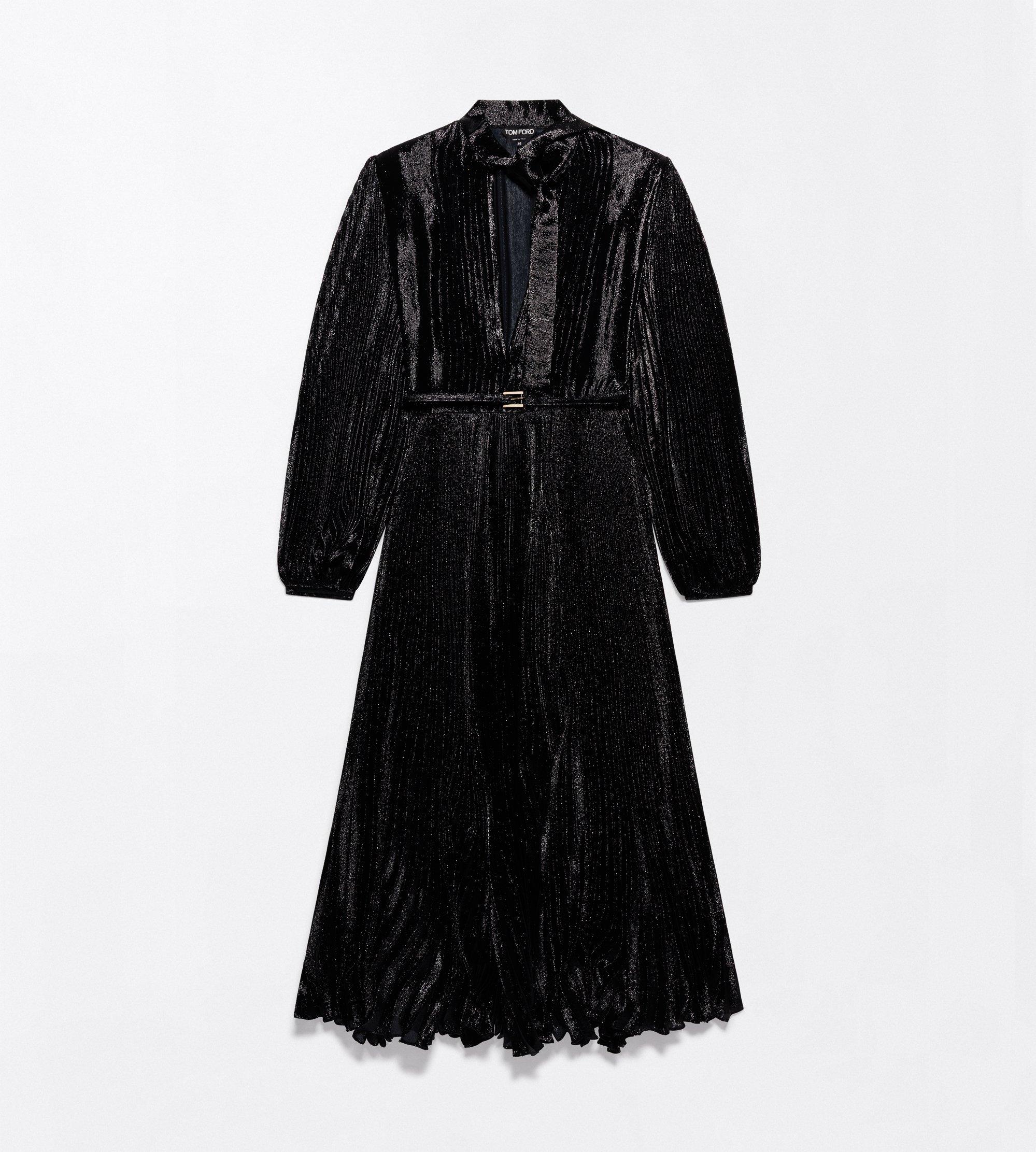 SILK CHARMEUSE LUREX BELTED PLISS&Eacute; SOLEIL LAVALLIERE DRESS