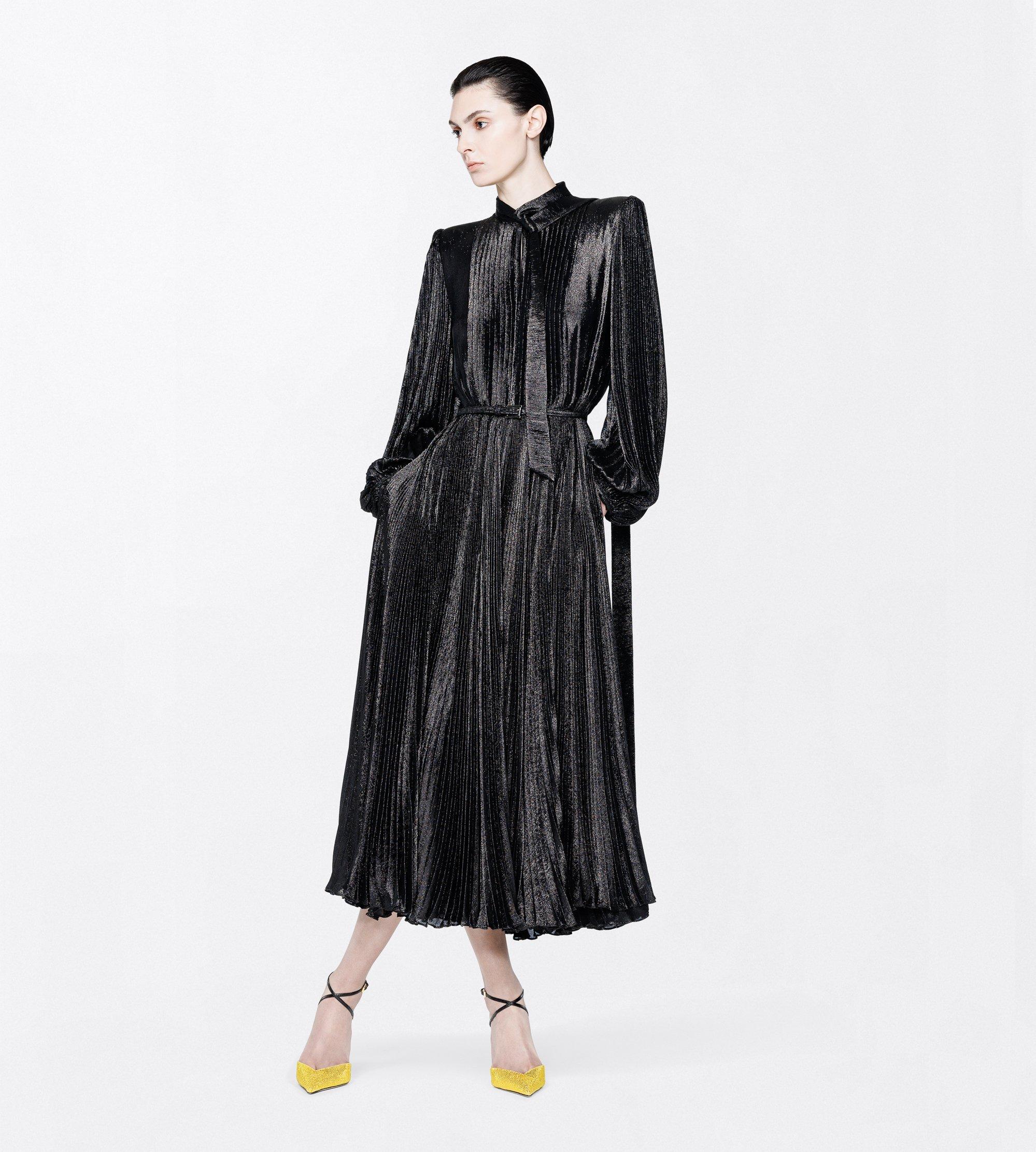 SILK CHARMEUSE LUREX BELTED PLISS&Eacute; SOLEIL LAVALLIERE DRESS