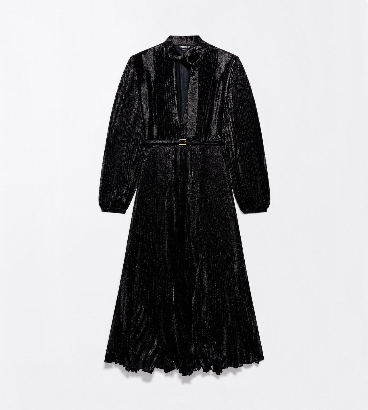 TOM FORD SILK BLEND BLACK SILK CHARMEUSE LUREX BELTED PLISS&Eacute; SOLEIL LAVALLIERE DRESS