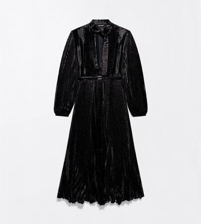 TOM FORD SILK BLEND BLACK SILK CHARMEUSE LUREX BELTED PLISS&Eacute; SOLEIL LAVALLIERE DRESS