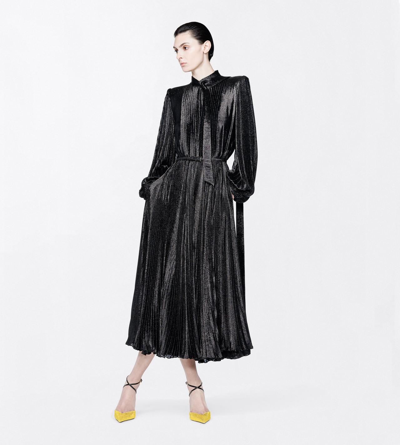 TOM FORD SILK BLEND BLACK SILK CHARMEUSE LUREX BELTED PLISS&Eacute; SOLEIL LAVALLIERE DRESS