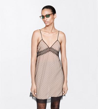 TOM FORD LACE BLACK PLUMETIS FLOCKED COCKTAIL SLIP DRESS WITH LACE DETAILS