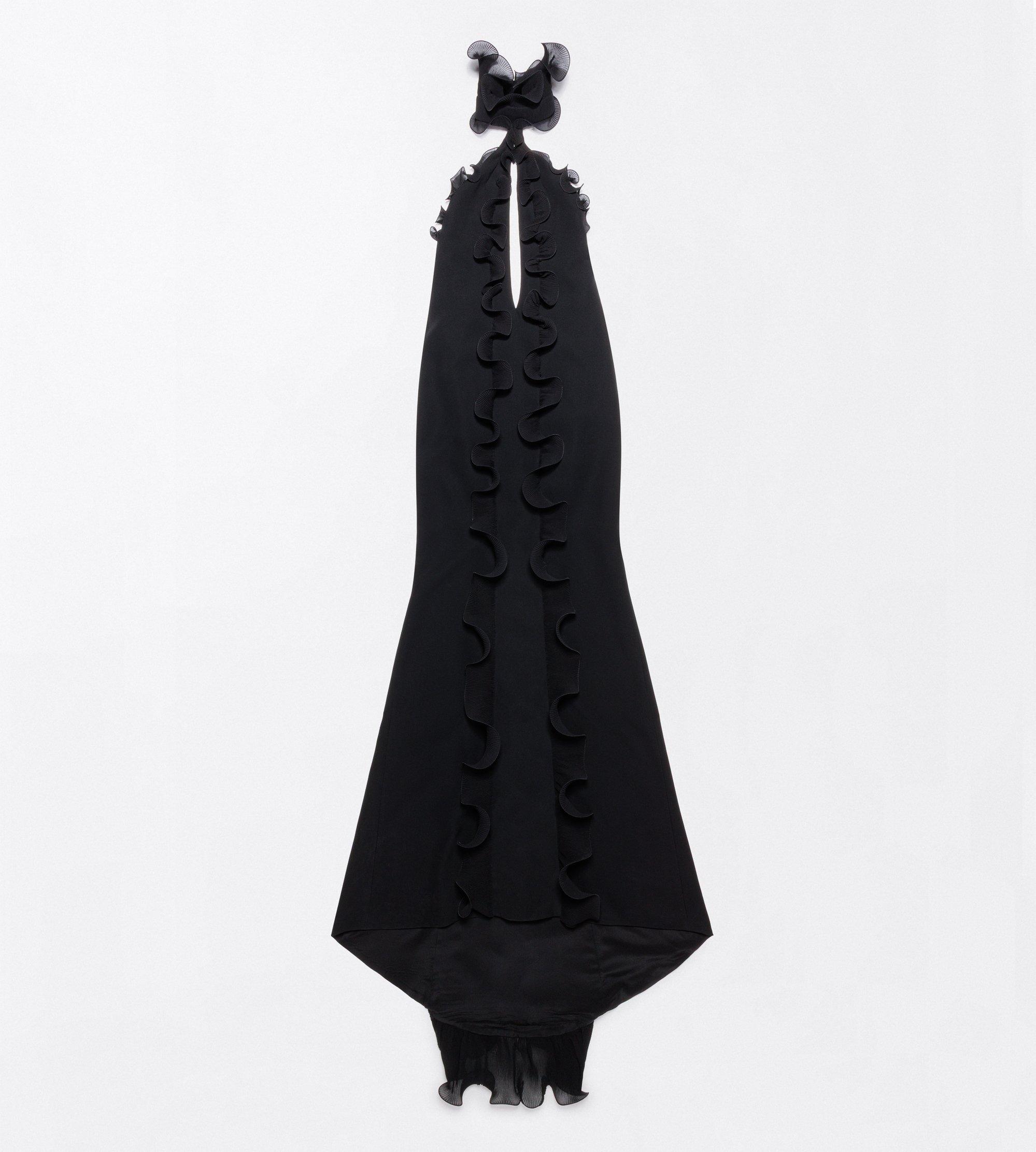 SILK CREPE RUFFLE HALTERNECK EVENING DRESS WITH OPEN BACK