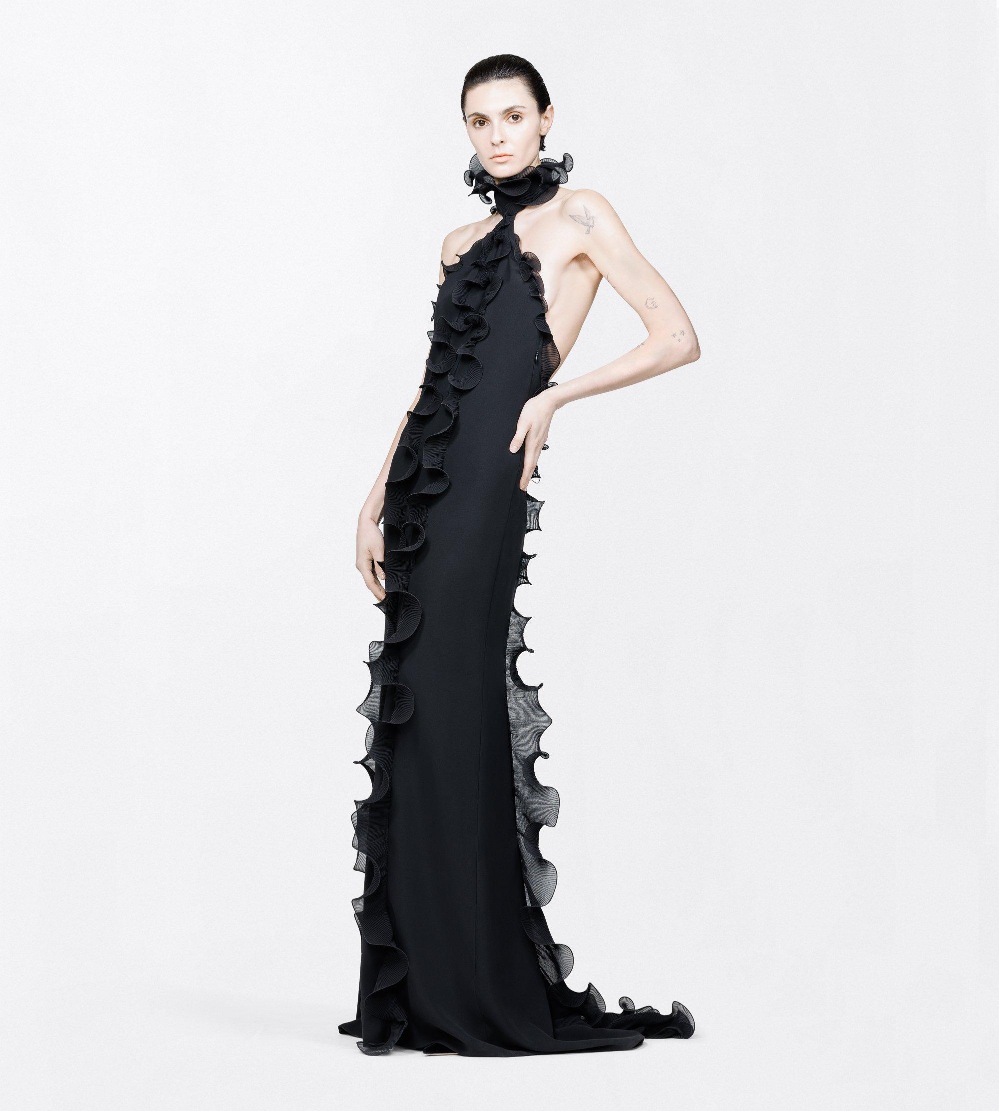 SILK CREPE RUFFLE HALTERNECK EVENING DRESS WITH OPEN BACK