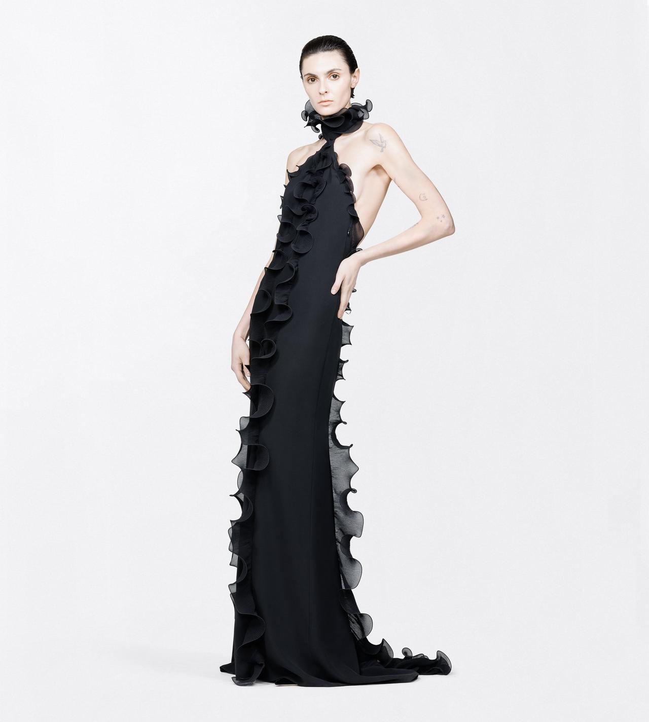 TOM FORD SILK BLACK SILK CREPE RUFFLE HALTERNECK EVENING DRESS WITH OPEN BACK