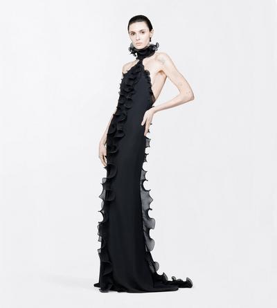 TOM FORD SILK BLACK SILK CREPE RUFFLE HALTERNECK EVENING DRESS WITH OPEN BACK