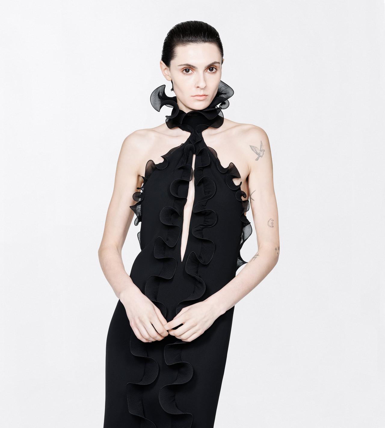 TOM FORD SILK BLACK SILK CREPE RUFFLE HALTERNECK EVENING DRESS WITH OPEN BACK