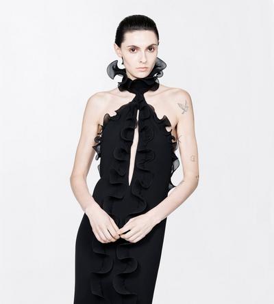 TOM FORD SILK BLACK SILK CREPE RUFFLE HALTERNECK EVENING DRESS WITH OPEN BACK