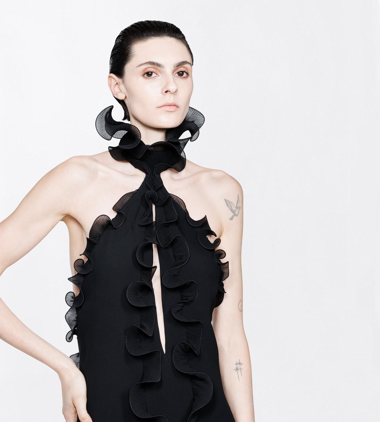TOM FORD SILK BLACK SILK CREPE RUFFLE HALTERNECK EVENING DRESS WITH OPEN BACK