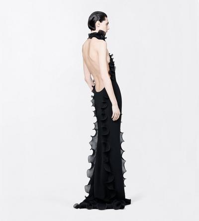TOM FORD SILK BLACK SILK CREPE RUFFLE HALTERNECK EVENING DRESS WITH OPEN BACK