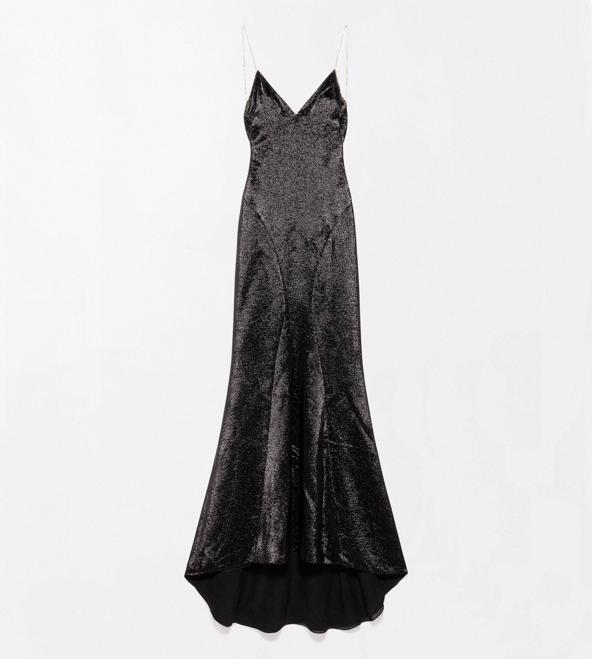 CRYSTAL CHAIN EMBROIDERY ON SILK CHARMEUSE LUREX STRAP EVENING DRESS