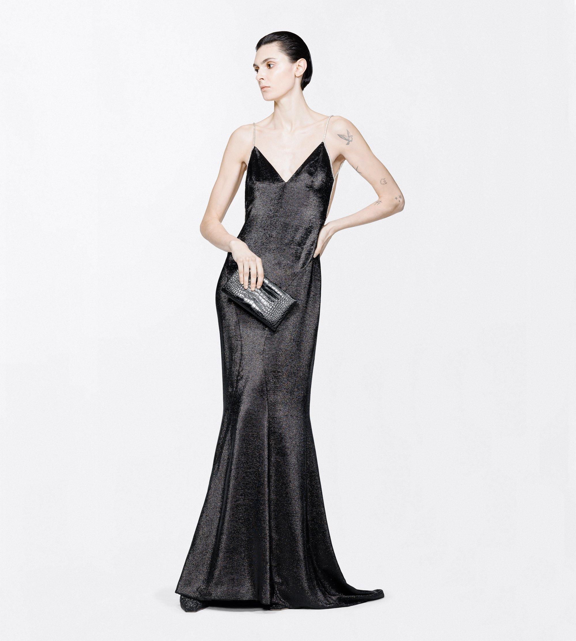 CRYSTAL CHAIN EMBROIDERY ON SILK CHARMEUSE LUREX STRAP EVENING DRESS