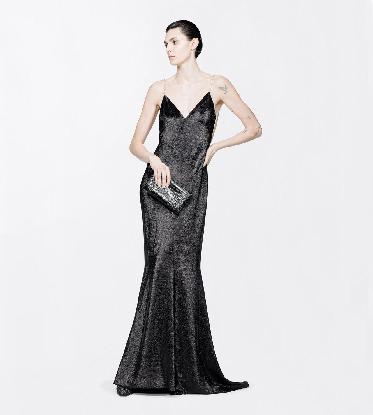 TOM FORD  BLACK + CRYSTAL CRYSTAL CHAIN EMBROIDERY ON SILK CHARMEUSE LUREX STRAP EVENING DRESS