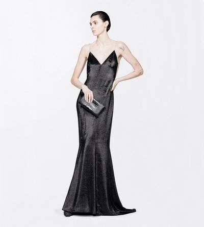 TOM FORD  BLACK + CRYSTAL CRYSTAL CHAIN EMBROIDERY ON SILK CHARMEUSE LUREX STRAP EVENING DRESS