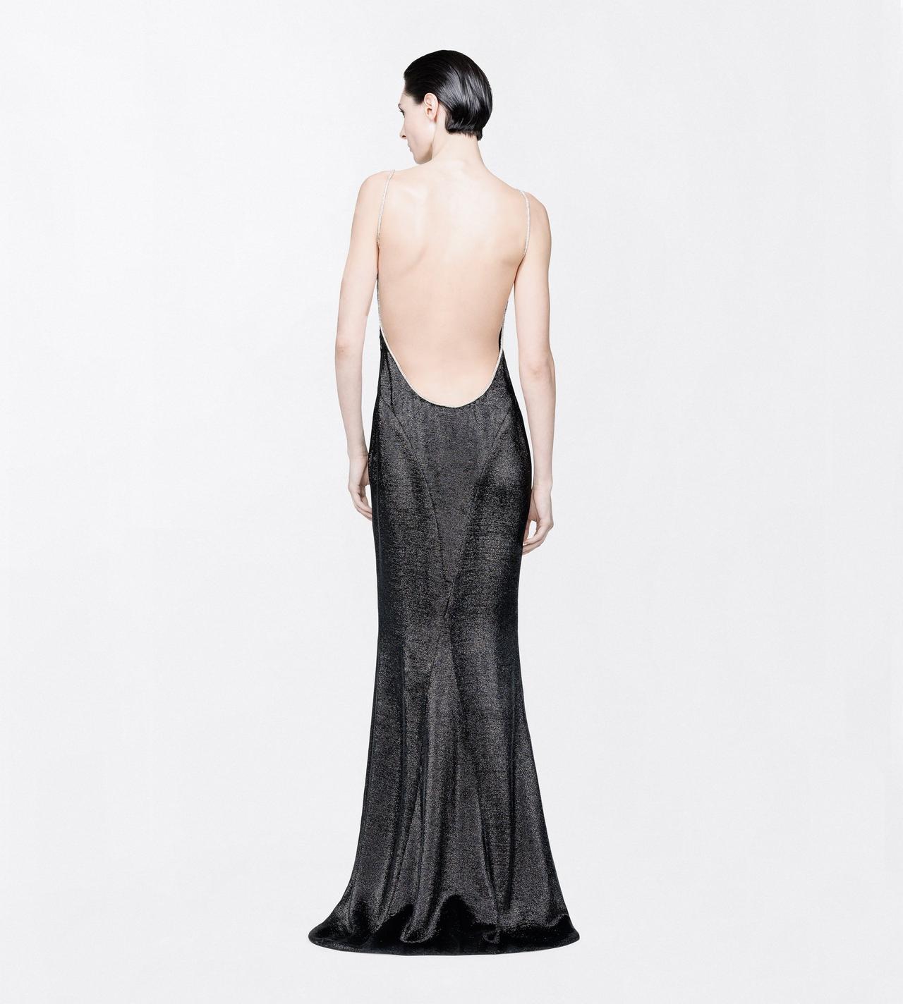 TOM FORD  BLACK + CRYSTAL CRYSTAL CHAIN EMBROIDERY ON SILK CHARMEUSE LUREX STRAP EVENING DRESS