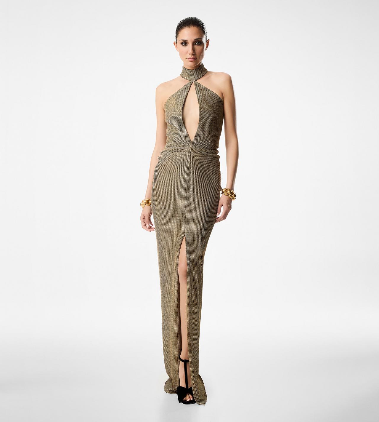 HONEYCOMB VISCOSE JERSEY HALTERNECK EVENING DRESS image number 1