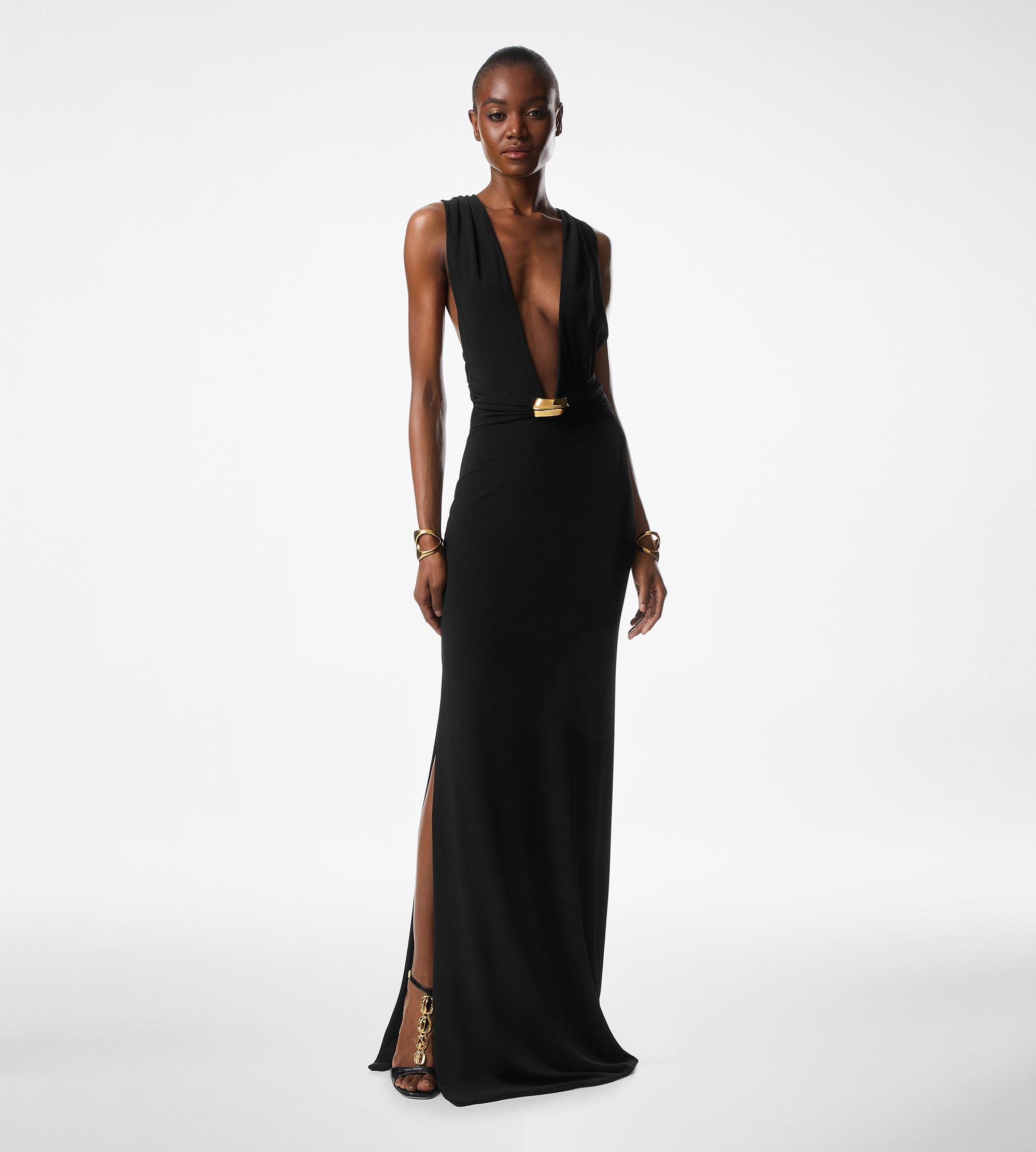 PLUNGING V-NECK JERSEY EVENING DRESS