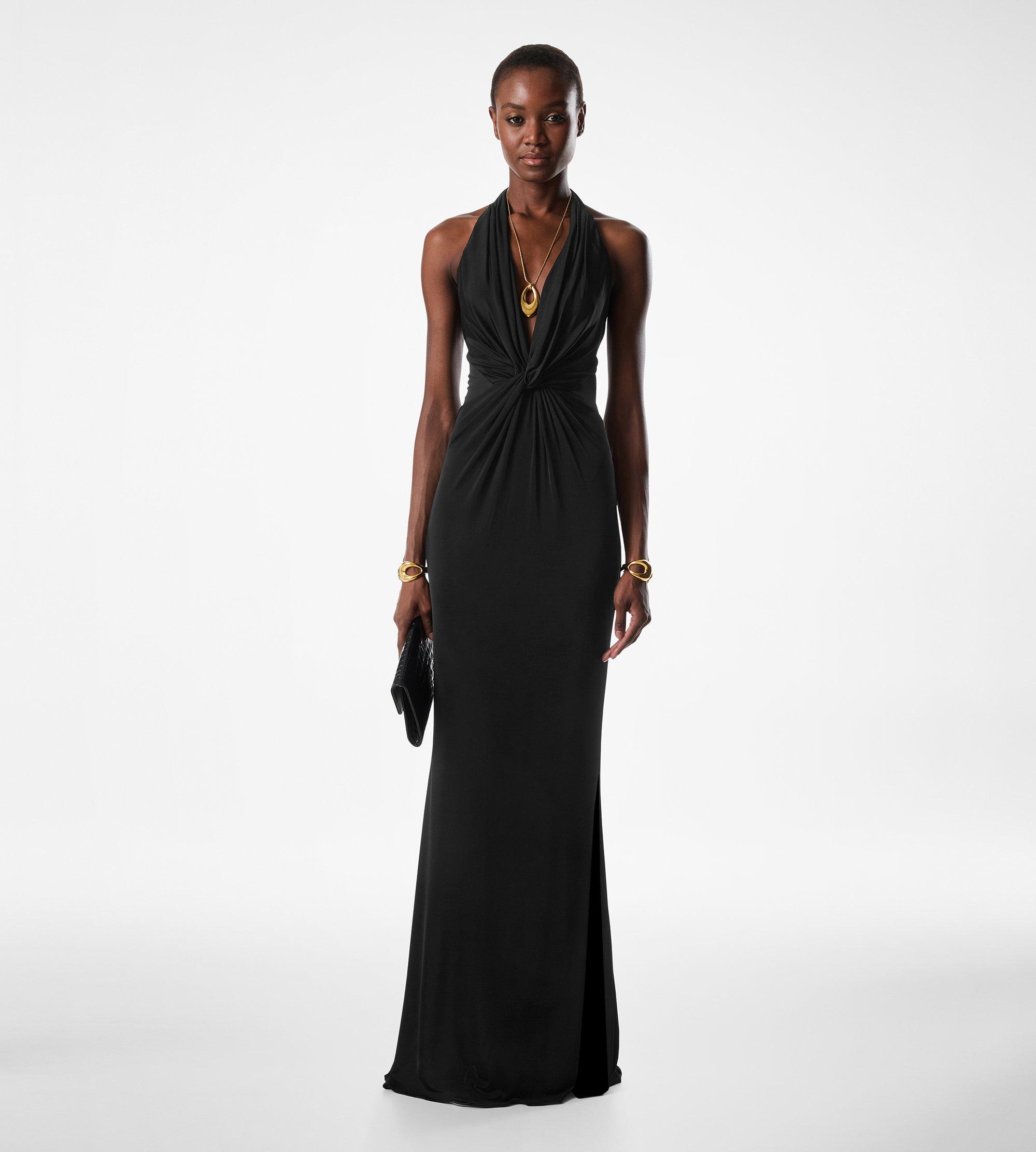 KNITTED STRETCH JERSEY CRISS-CROSS EVENING DRESS