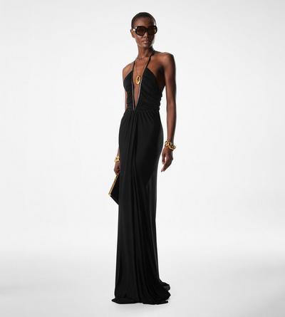 STRETCH JERSEY DEEP V-NECK EVENING DRESS image number 2