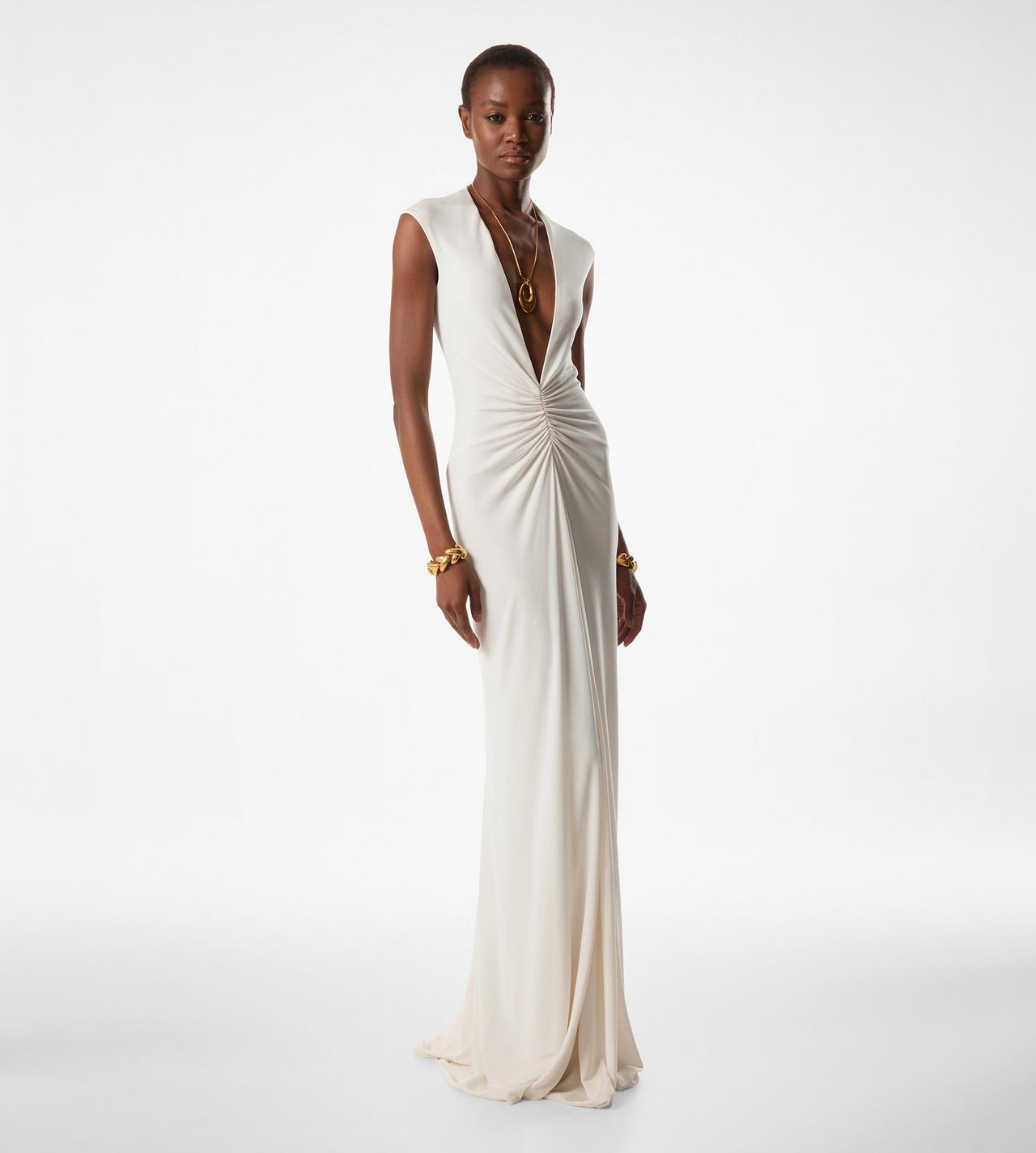 STRETCH SABLE' JERSEY DEEP V-NECK EVENING DRESS image number 1