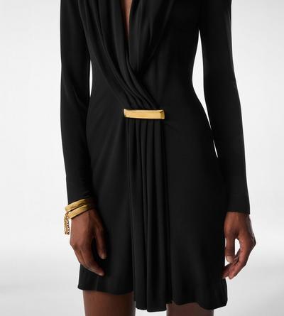 V-NECK LONG SLEEVE COCKTAIL DRESS WITH BAR DETAIL image number 1
